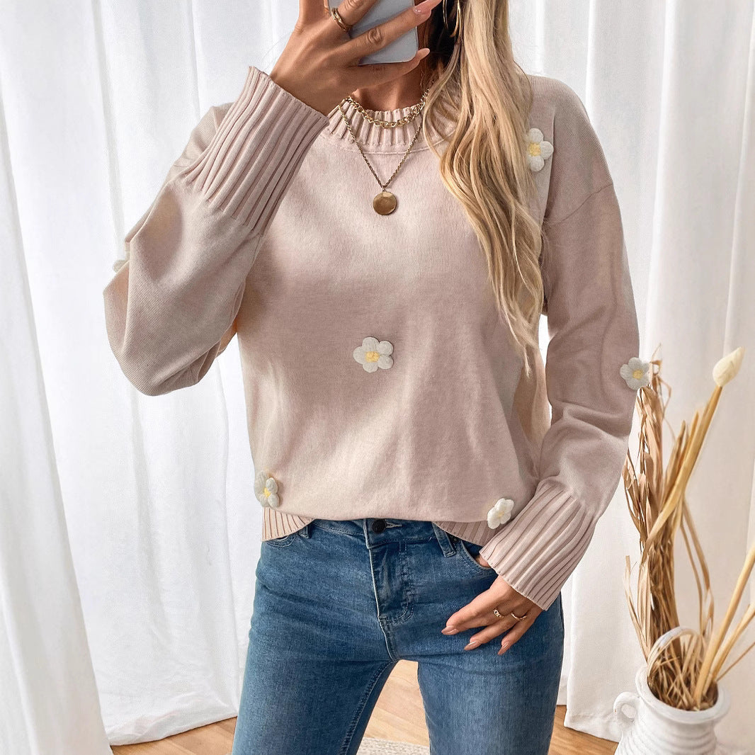 Damen Strickpullover mit floralem Design und Rippbündchen WW
