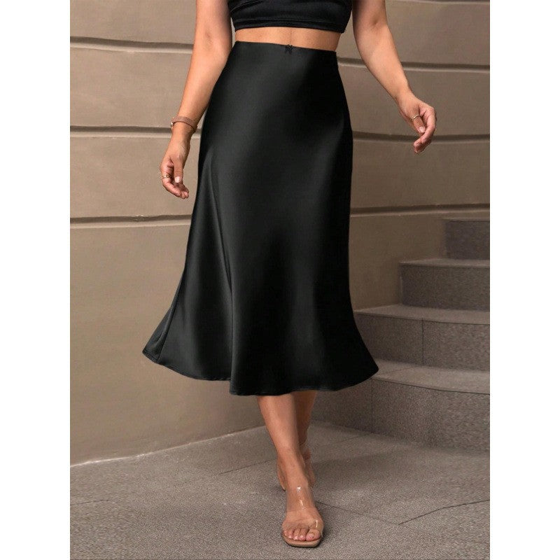 Damen A-Linien Rock aus glänzendem Satin mit hohem Bund WW