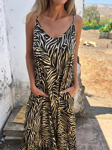 Damen Maxikleid mit auffälligem Zebra-Muster und praktischen Seitentaschen WW