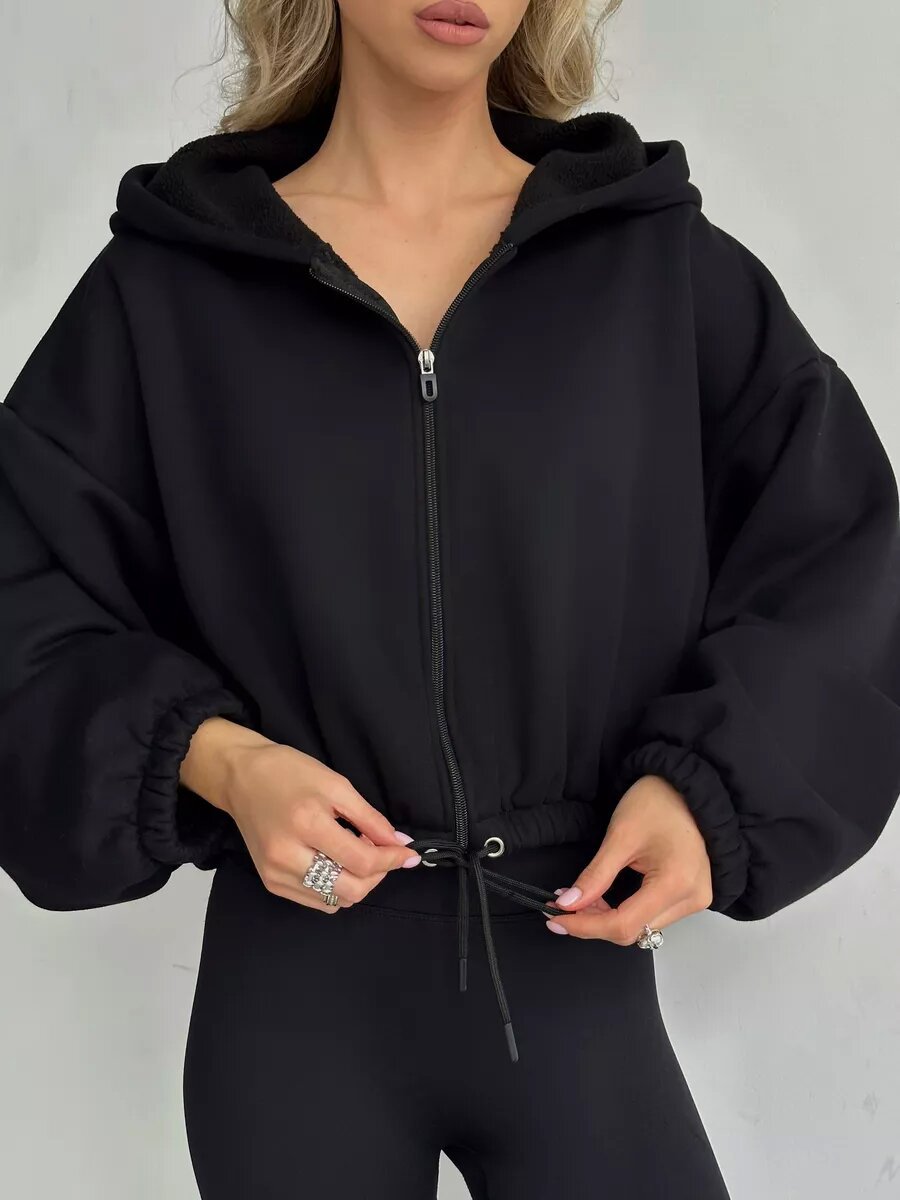 Damen Sportlicher Cropped Hoodie mit Reißverschluss und Kordelzug WW