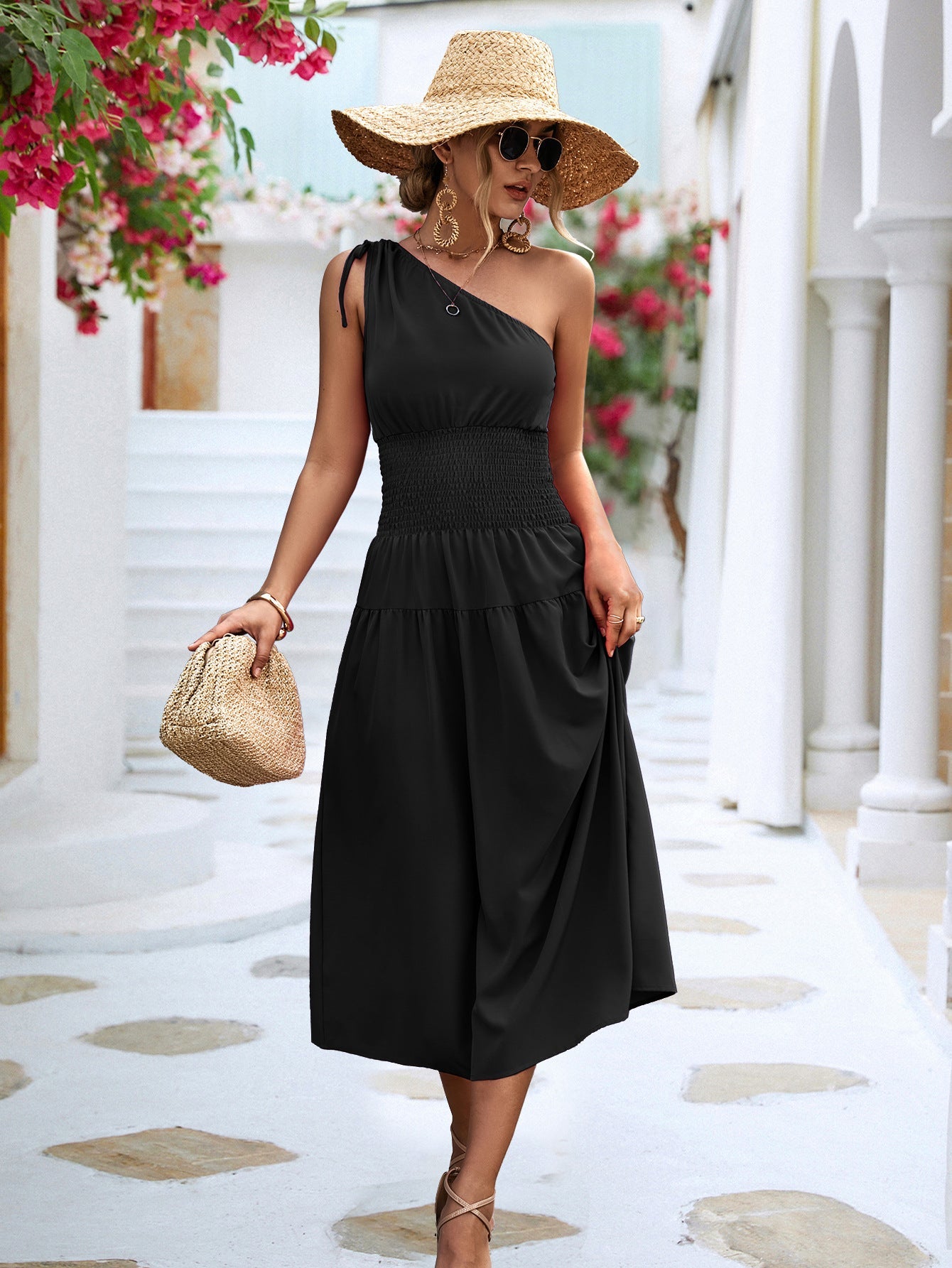 Damen Maxikleid mit schulterfreiem Design und elastischem Taillenzug WW