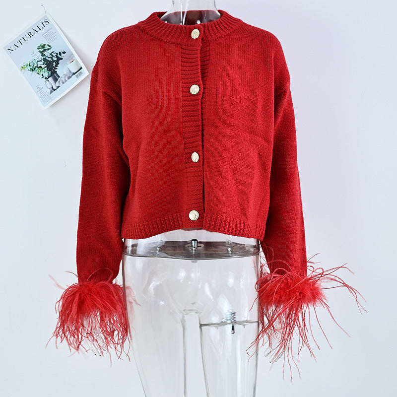 Damen modische Strickjacke mit Federn an den Ärmeln WW