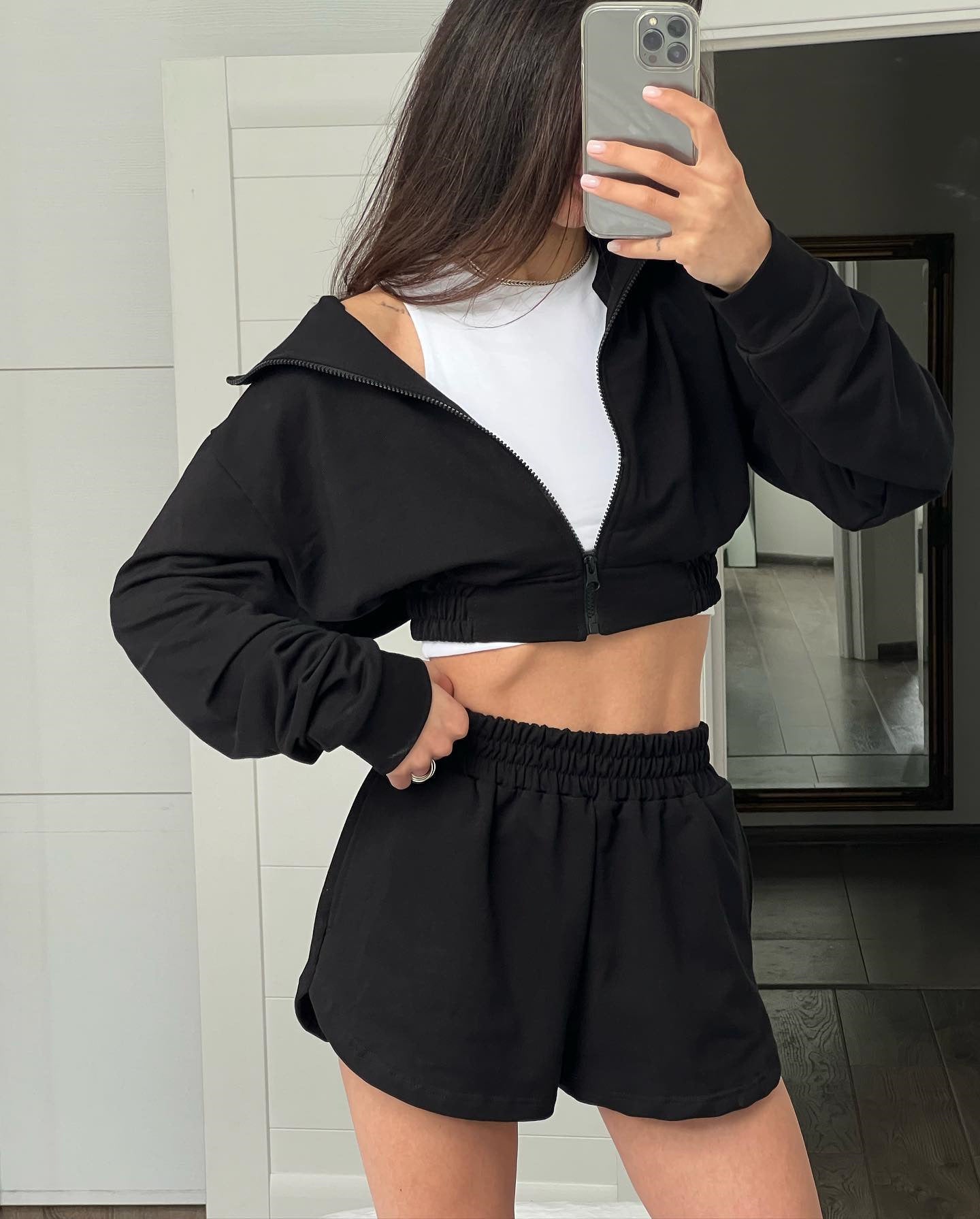 Damen Sportliches Kurzarm Set mit funktionalem Reißverschluss und elastischem Bund WW