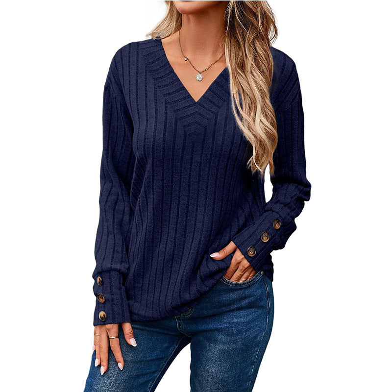 Damen V-Ausschnitt Knopf-Detail gestreifter Pullover WW
