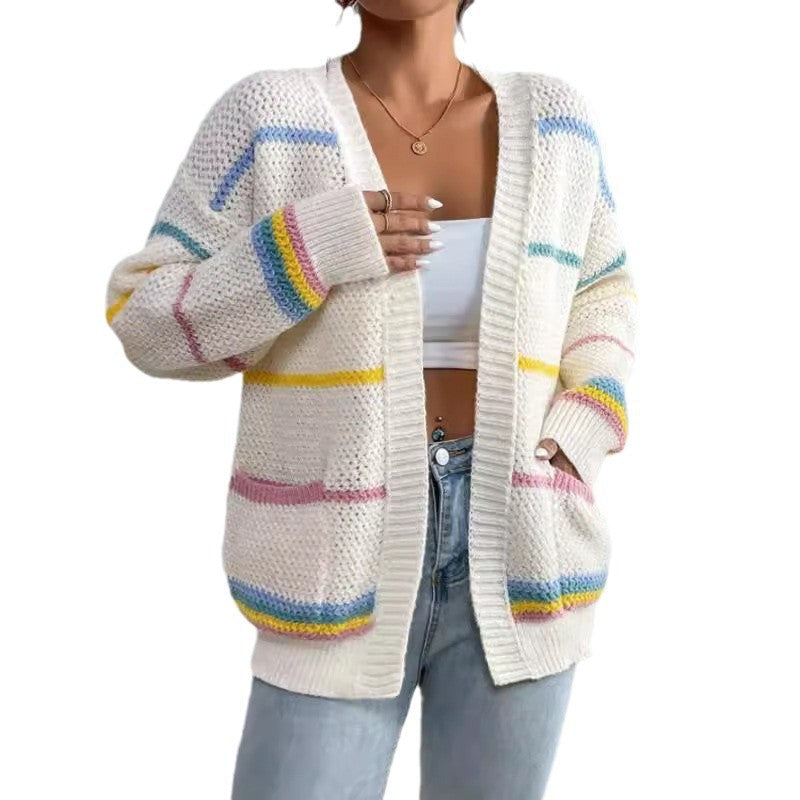 Damen gemütlicher Strickcardigan mit bunten Streifen WW