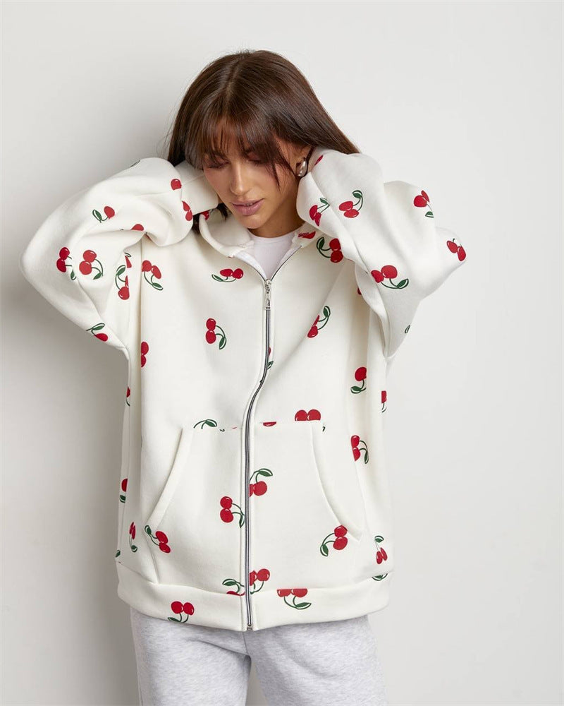Damen Kapuzenjacke mit frischem Kirschmuster und übergroßem Schnitt WW