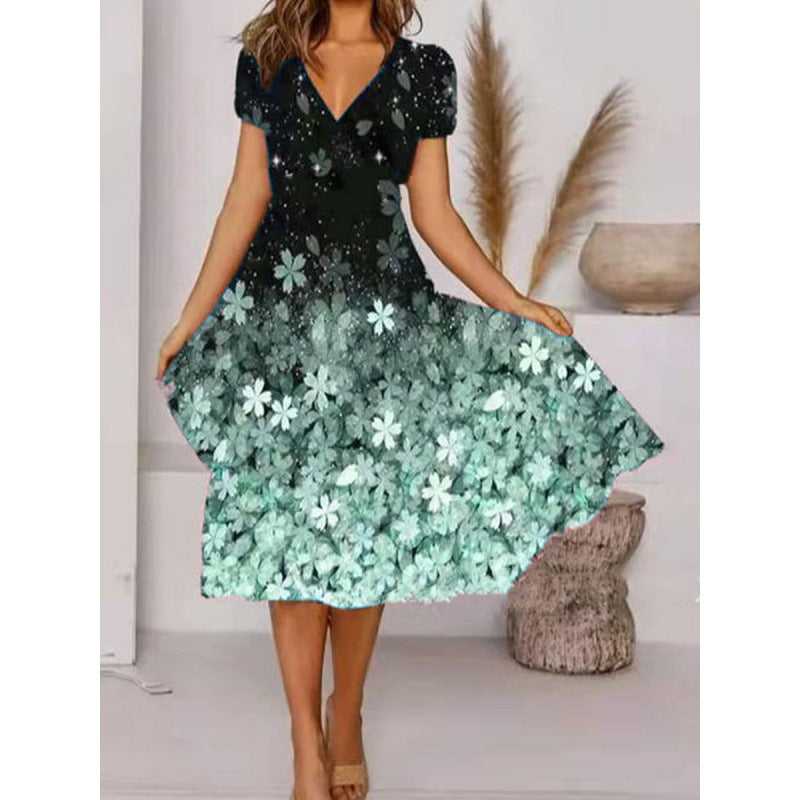 Damen A-Linie Sommerkleid mit V-Ausschnitt und floralen Akzenten WW