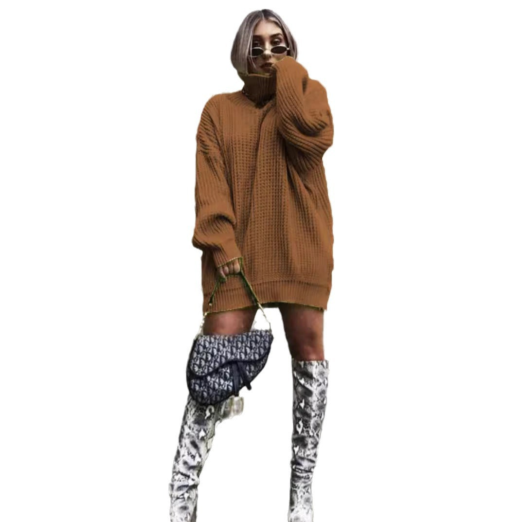 Damen Oversized Strickpullover mit hohem Kragen und Waffelmuster WW