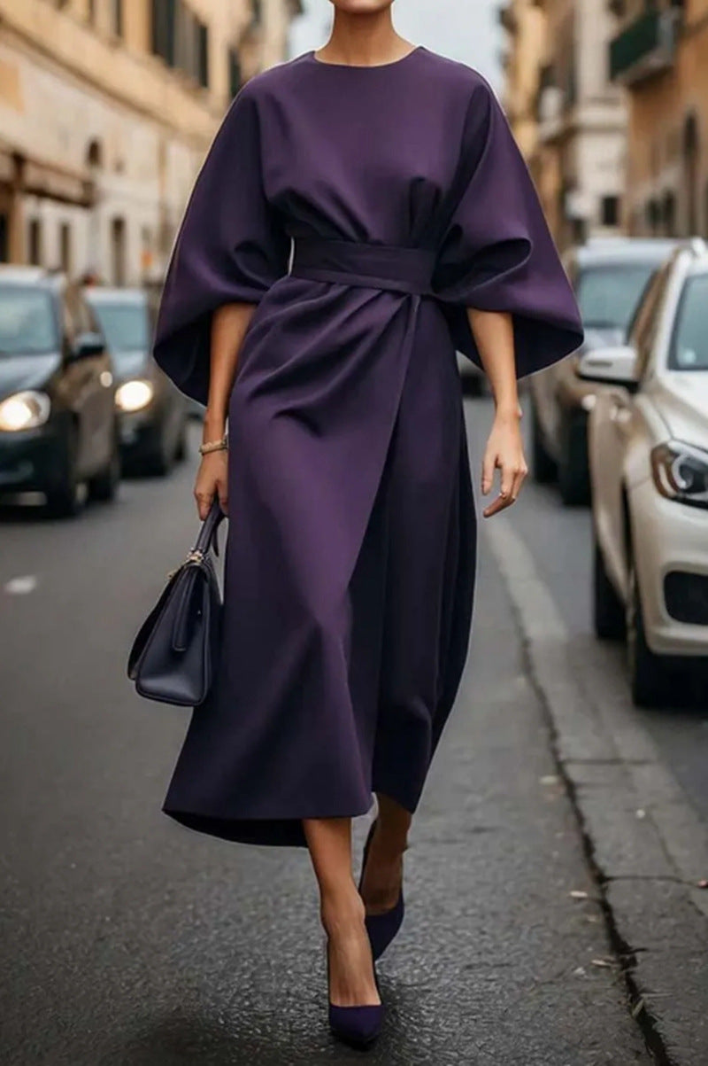 Damen modernes Maxikleid mit voluminösen Ärmeln und Taillengürtel WW