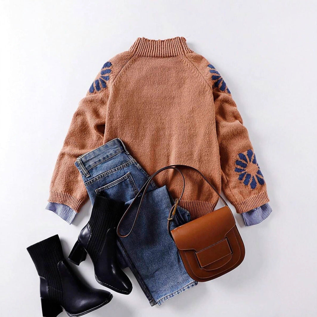 Damen Strickpullover mit floralem Motiv und modernem Rundhalsausschnitt WW