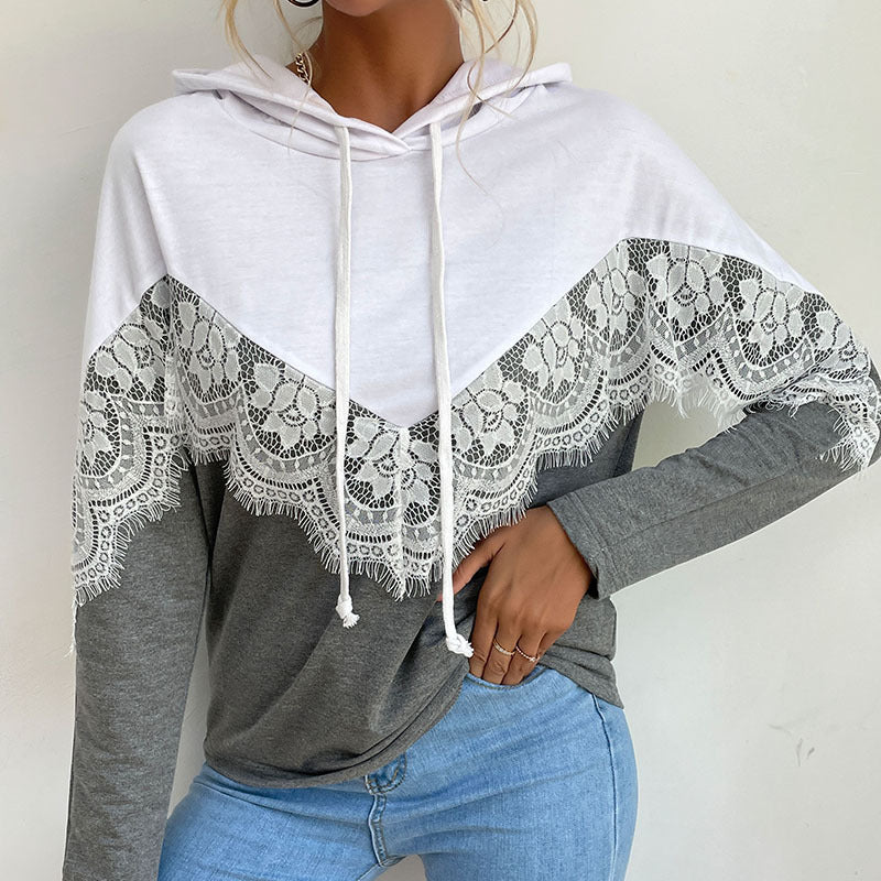 Damen Kapuzenpullover mit elegantem Spitzendesign und kontrastierenden Farben WW