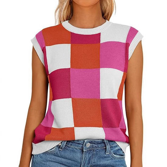 Damen lässiges ärmelloses Pullover-Top mit karierter Musterung WW