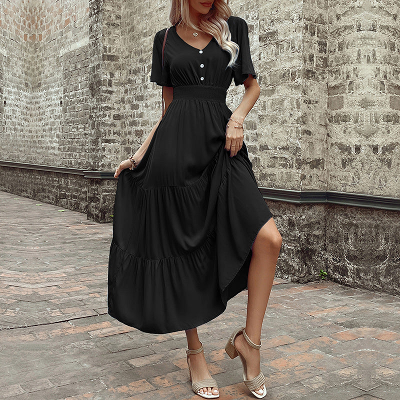Damen Maxikleid mit V-Ausschnitt und fließendem Rock WW