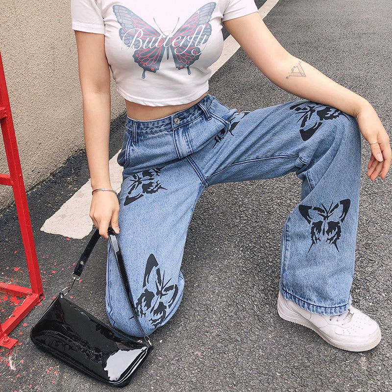 Damen weite High-Waist Jeans mit floralen Druckmotiven WW