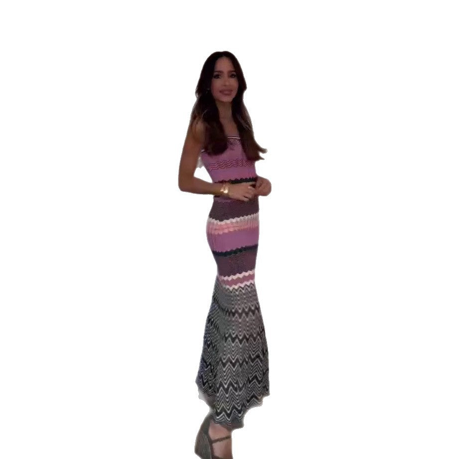 Damen Knöchellanges Strickkleid mit Wellenmuster WW