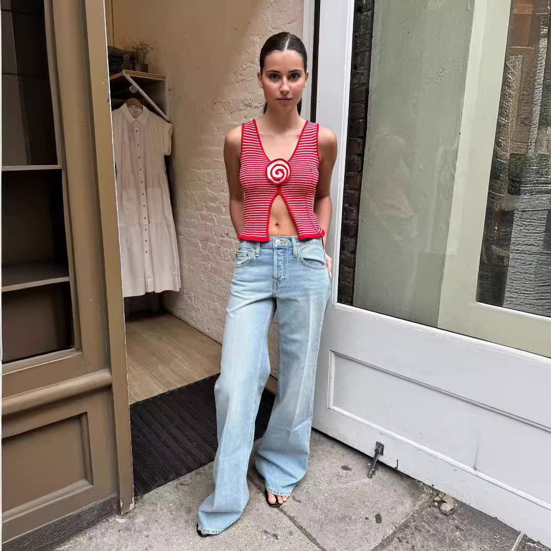 Damen Retro gestreiftes Top mit körpernaher Passform WW