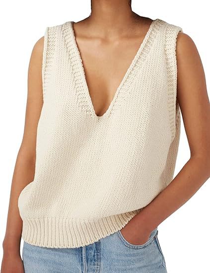 Damen lässiger Strickpullover ohne Ärmel mit tiefem V-Ausschnitt WW