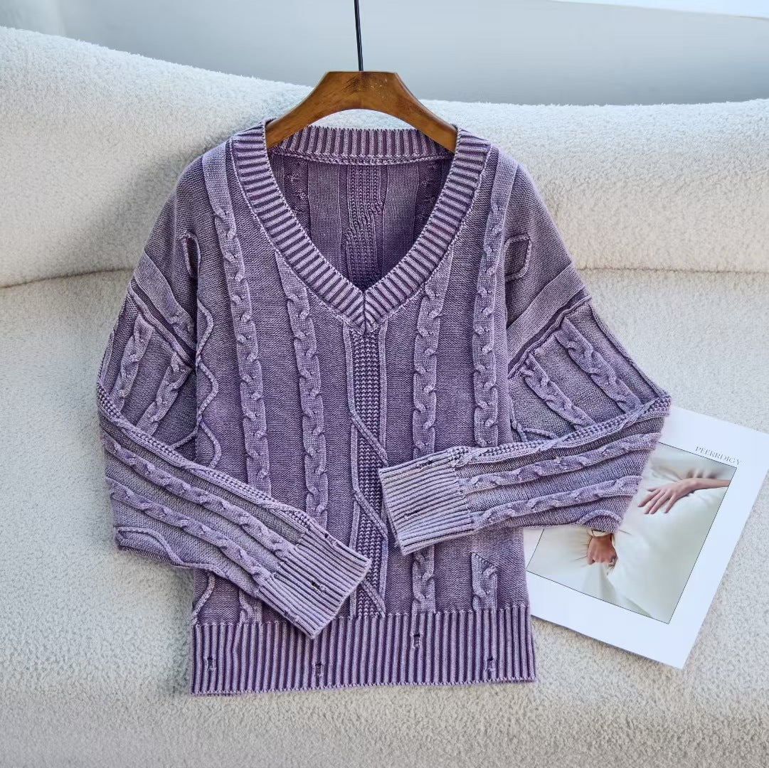Damen Modischer Strickpullover mit V-Ausschnitt und Zopfmuster WW