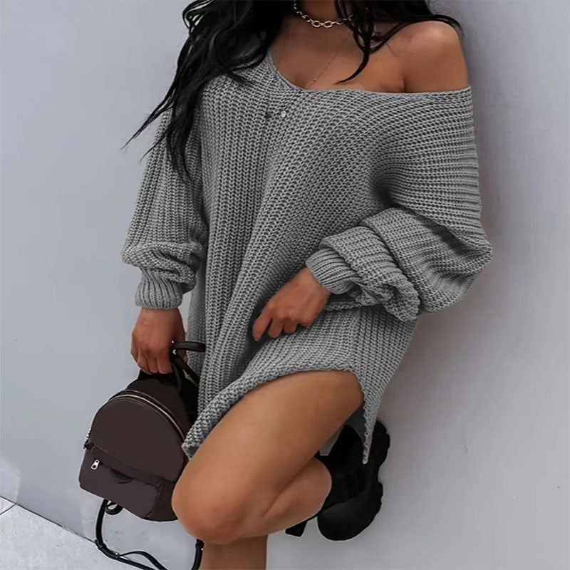 Damen lässiges Oversized-Strickkleid mit weitem Ausschnitt WW