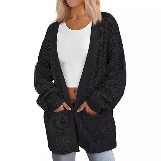 Damen Grobstrick Cardigan mit offenem Schnitt und praktischen Taschen WW