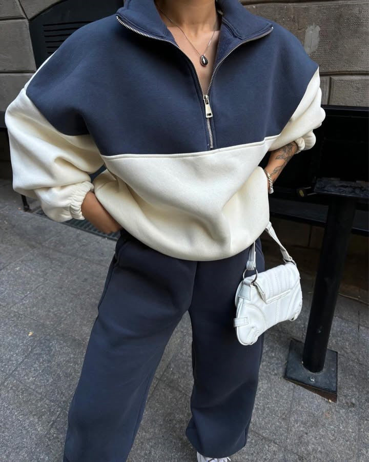 Damen bequemer Zip-Pullover mit überschnittenen Schultern WW