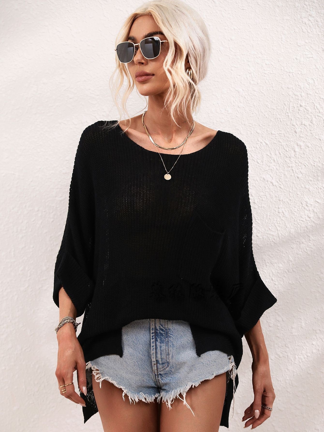 Damen lässiger Strickpullover mit offener Maschenstruktur WW