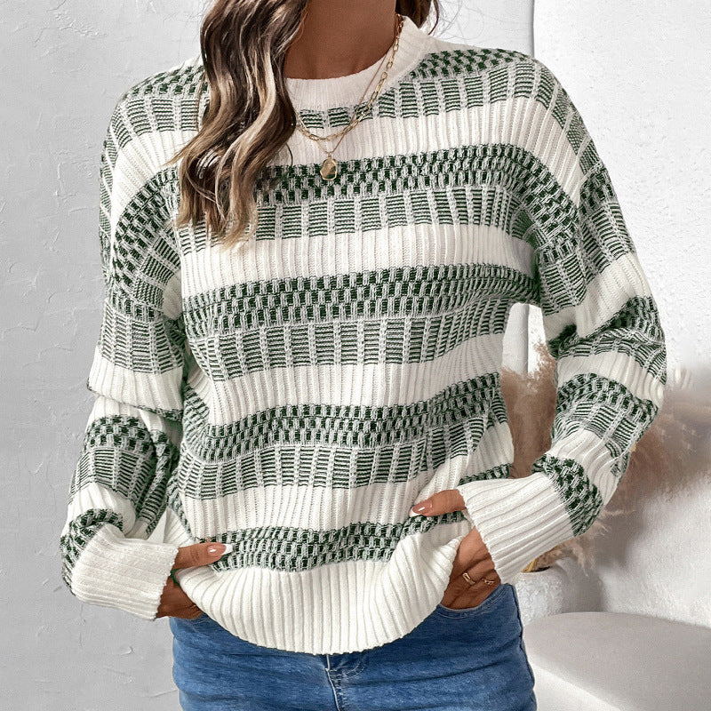 Damen lässiger Strickpullover mit modischem Streifenmuster und weiten Ärmeln WW