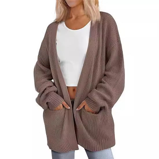 Damen Grobstrick Cardigan mit offenem Schnitt und praktischen Taschen WW