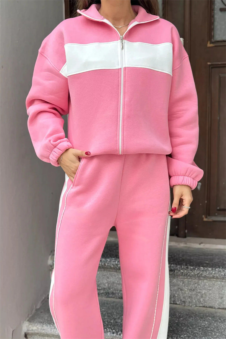 Damen sportliches Fleece-Loungewear-Set mit hohem Kragen undseitlichen Kontraststreifen WW