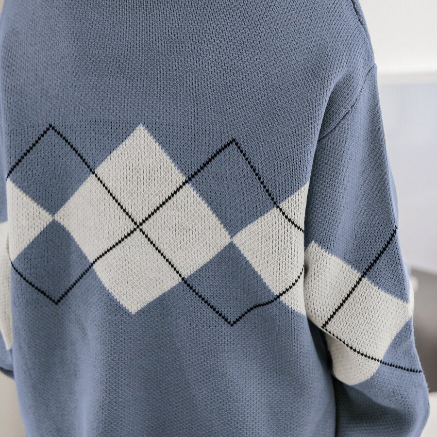 Damen stilvoller Pullover mit modernem Rautenmuster und verspielten Rüschendetails WW