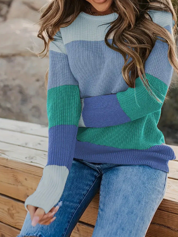 Damen modischer Strickpullover mit modernem Streifen-Design und langen Ärmeln WW