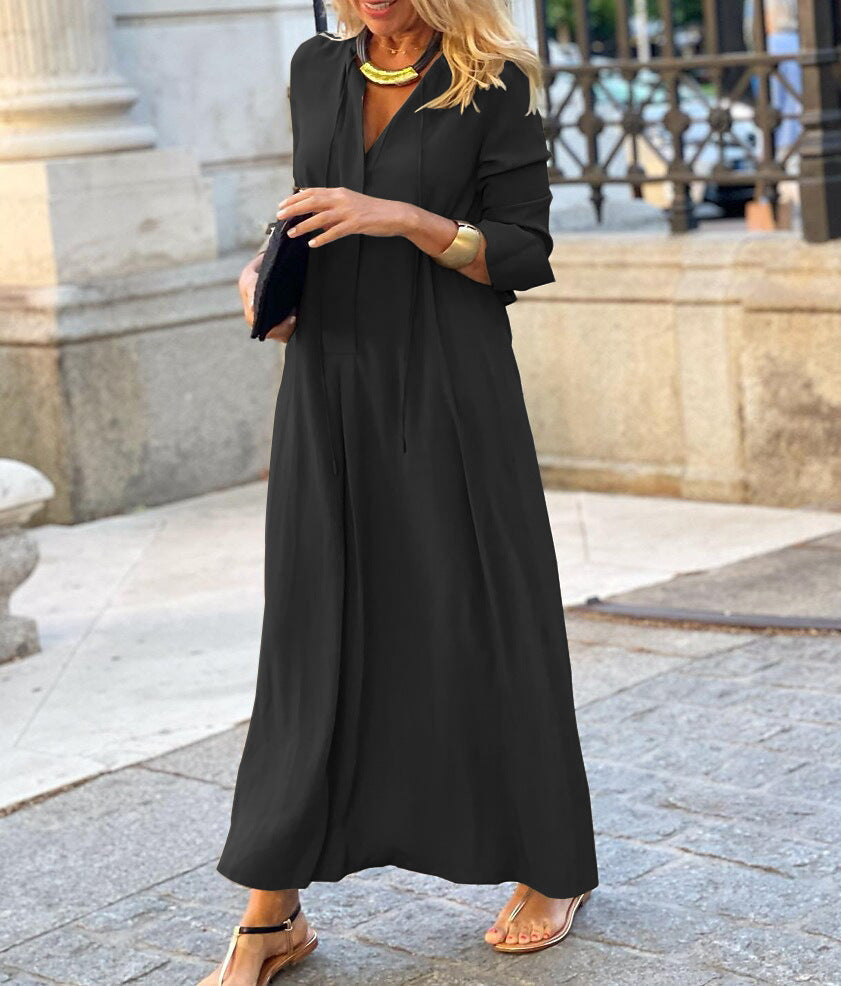 Damen lässiges Maxikleid mit tiefem V-Ausschnitt und eleganten Bindebändern WW