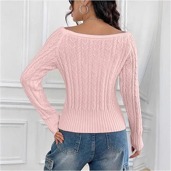 Damen Grobstrick Pullover mit offener Schulterpartie und Zopfmuster WW