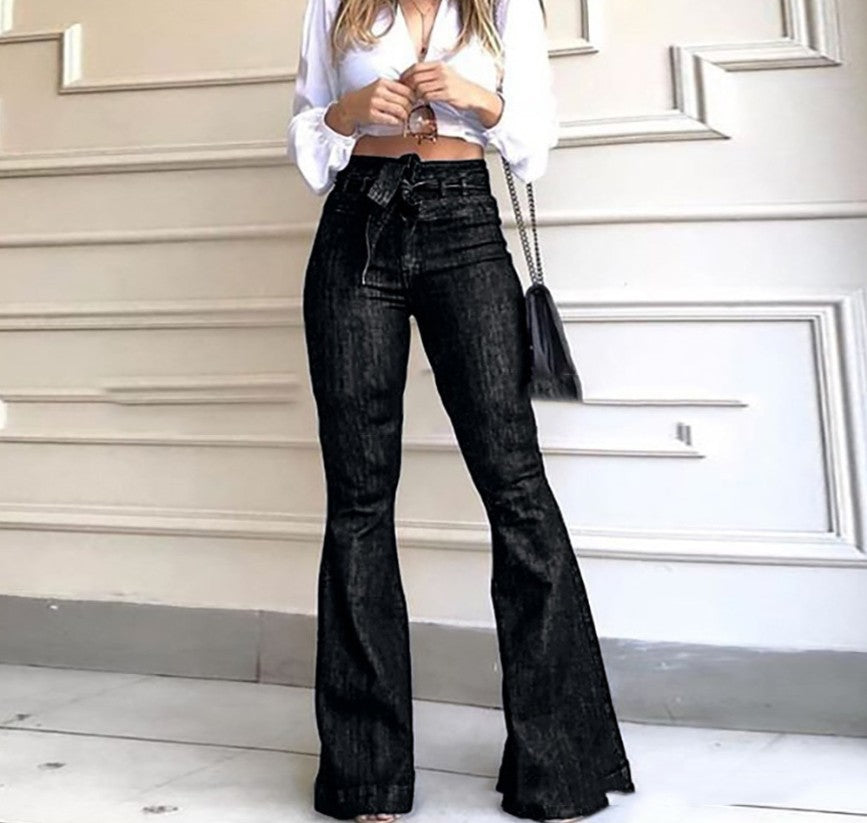 Damen elegante Bootcut-Jeans mit hohem Bund und Gürtel WW