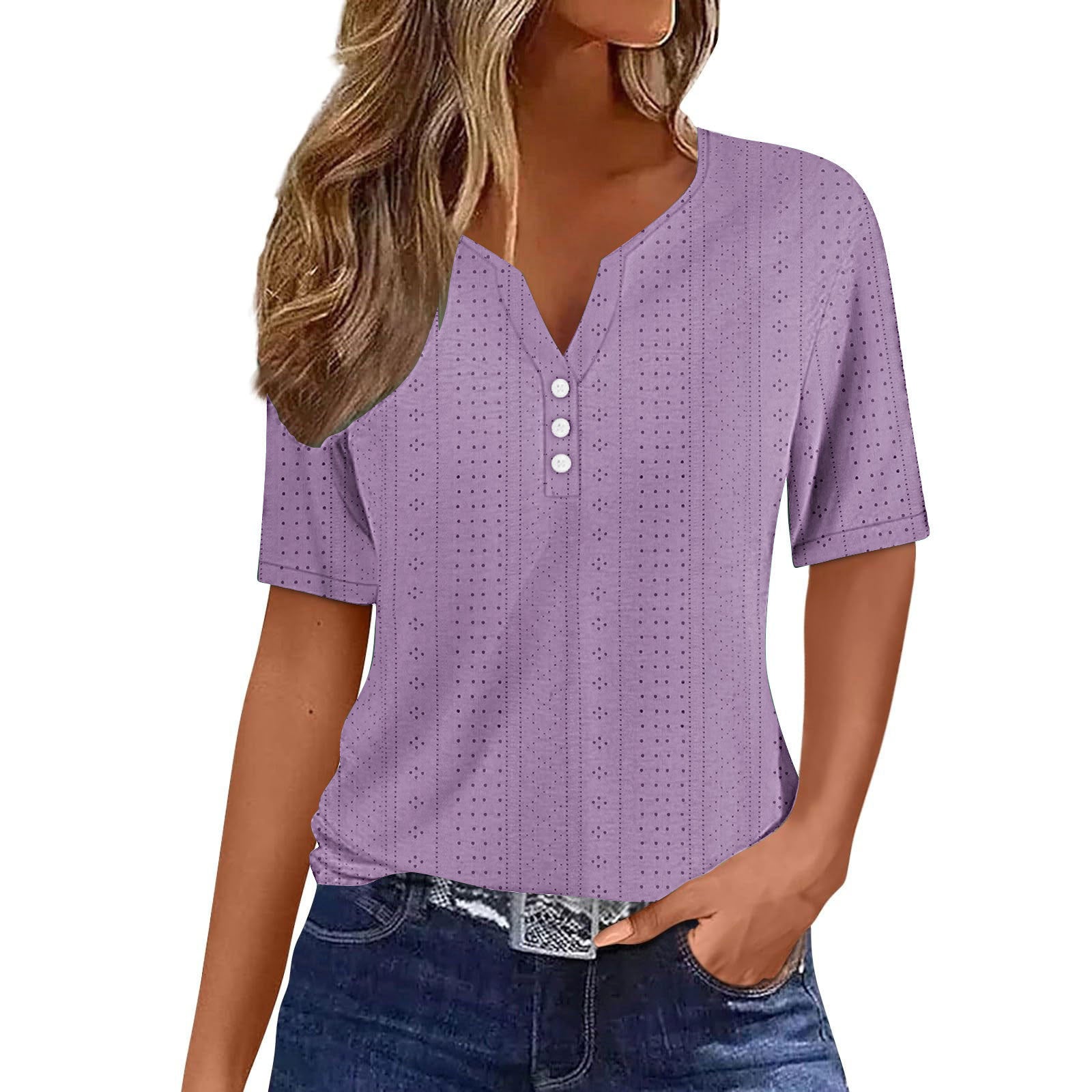 Damen Kurzarmshirt mit modischer Knopfleiste und Struktur WW