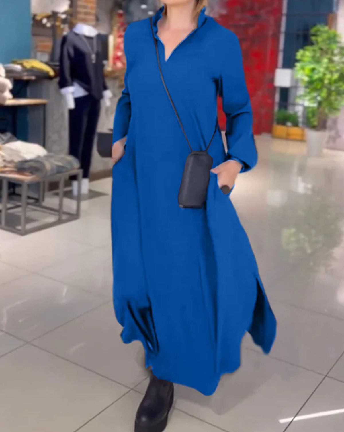 Damen elegantes Maxikleid mit praktischen Taschen und modernem Stehkragen WW