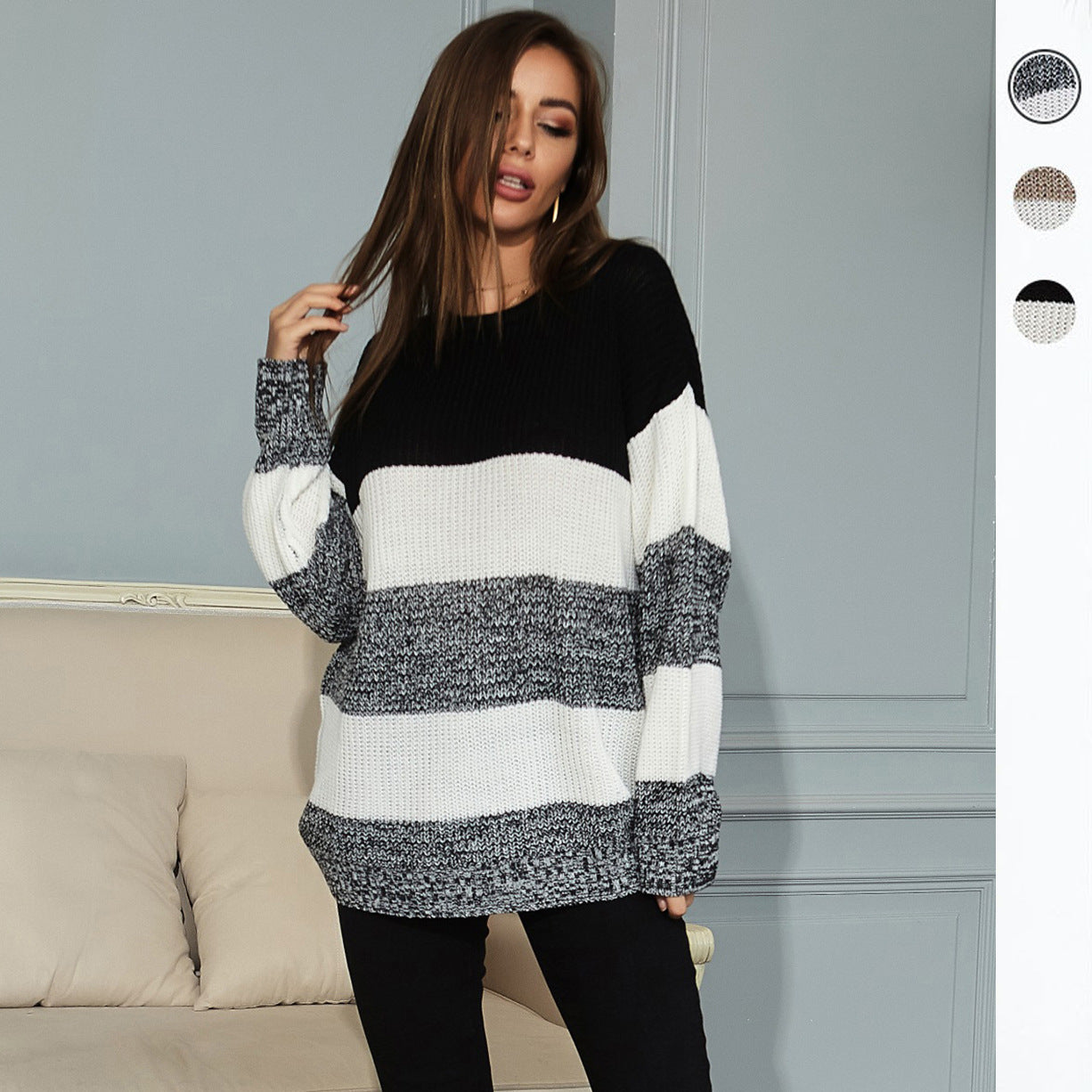 Damen lässiger Strickpullover mit modischem Streifenmuster und komfortablem Schnitt WW