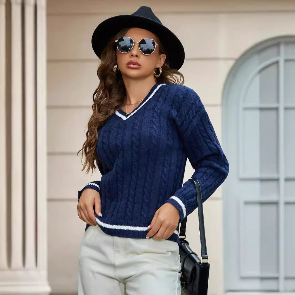 Damen Strickpullover mit V-Ausschnitt und klassischem Zopfdesign WW