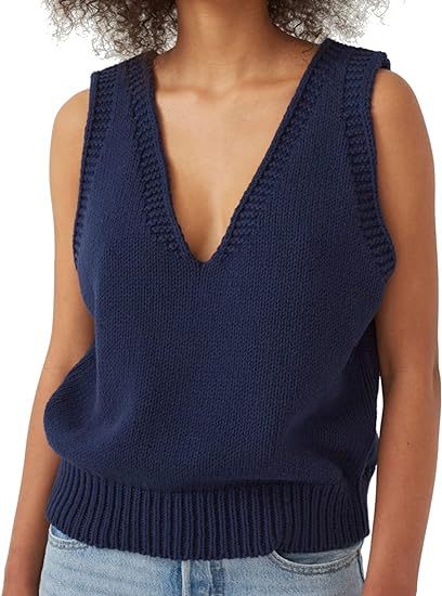 Damen lässiger Strickpullover ohne Ärmel mit tiefem V-Ausschnitt WW