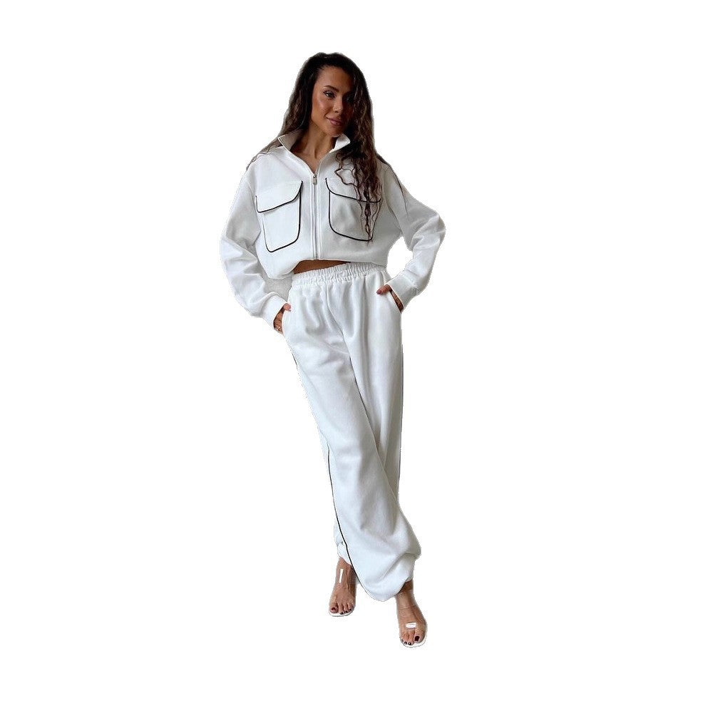 Damen sportliches Fleece-Set mit modischen Kontrasten und praktischen Taschen WW