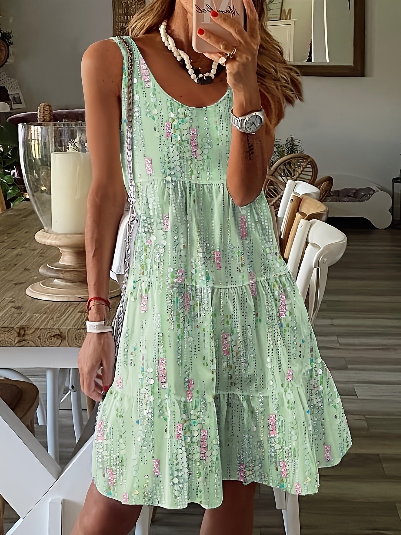 Damen lässiges Sommerkleid mit verspieltem Rüschensaum und elegantem Rundhalsausschnitt WW