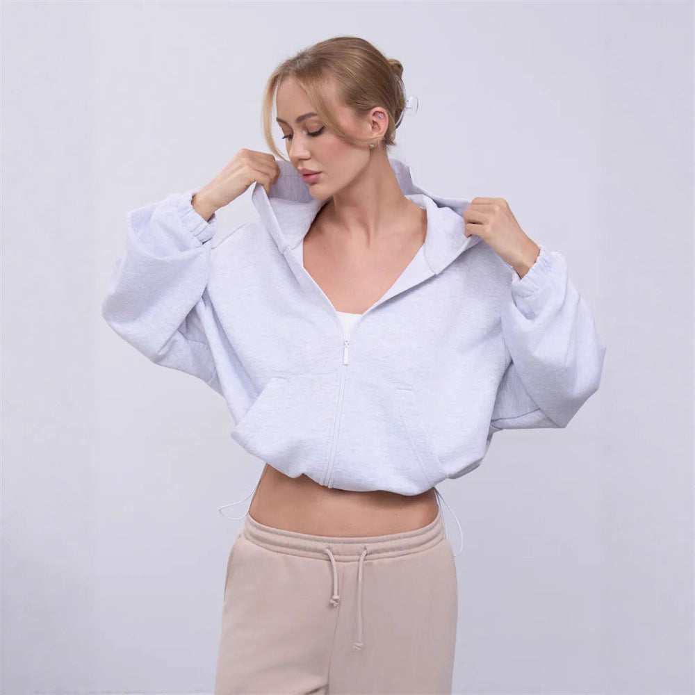 Damen lässiger Kapuzenpullover mit elastischem Bund und tiefem Reißverschluss WW