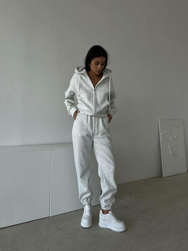 Damen sportliches Fleece-Jogginganzug mit praktischer Kapuze und elastischem Bund WW