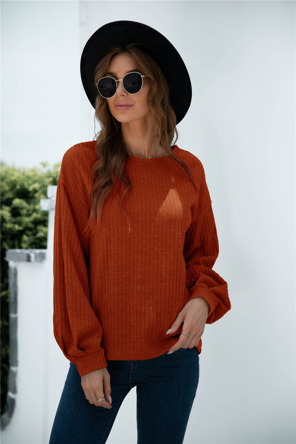 Damen lässiger Pullover mit Rippstruktur und Ballonärmeln WW