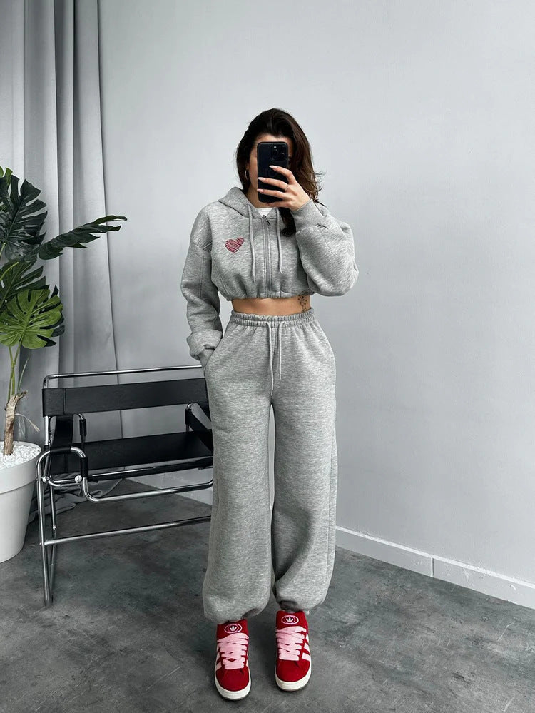 Damen lässiger Kapuzencropped-Pullover und Jogginghose Set mit hohem Bund WW