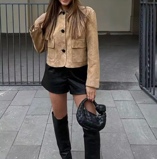 Damen Wildlederimitat Jacke mit Knopfleiste und Taschen WW