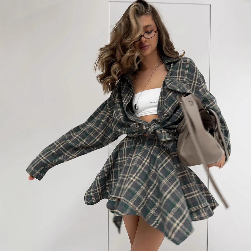 Damen lässiges Karo-Shirtkleid mit Hemdkragen und asymmetrischem Schnitt WW
