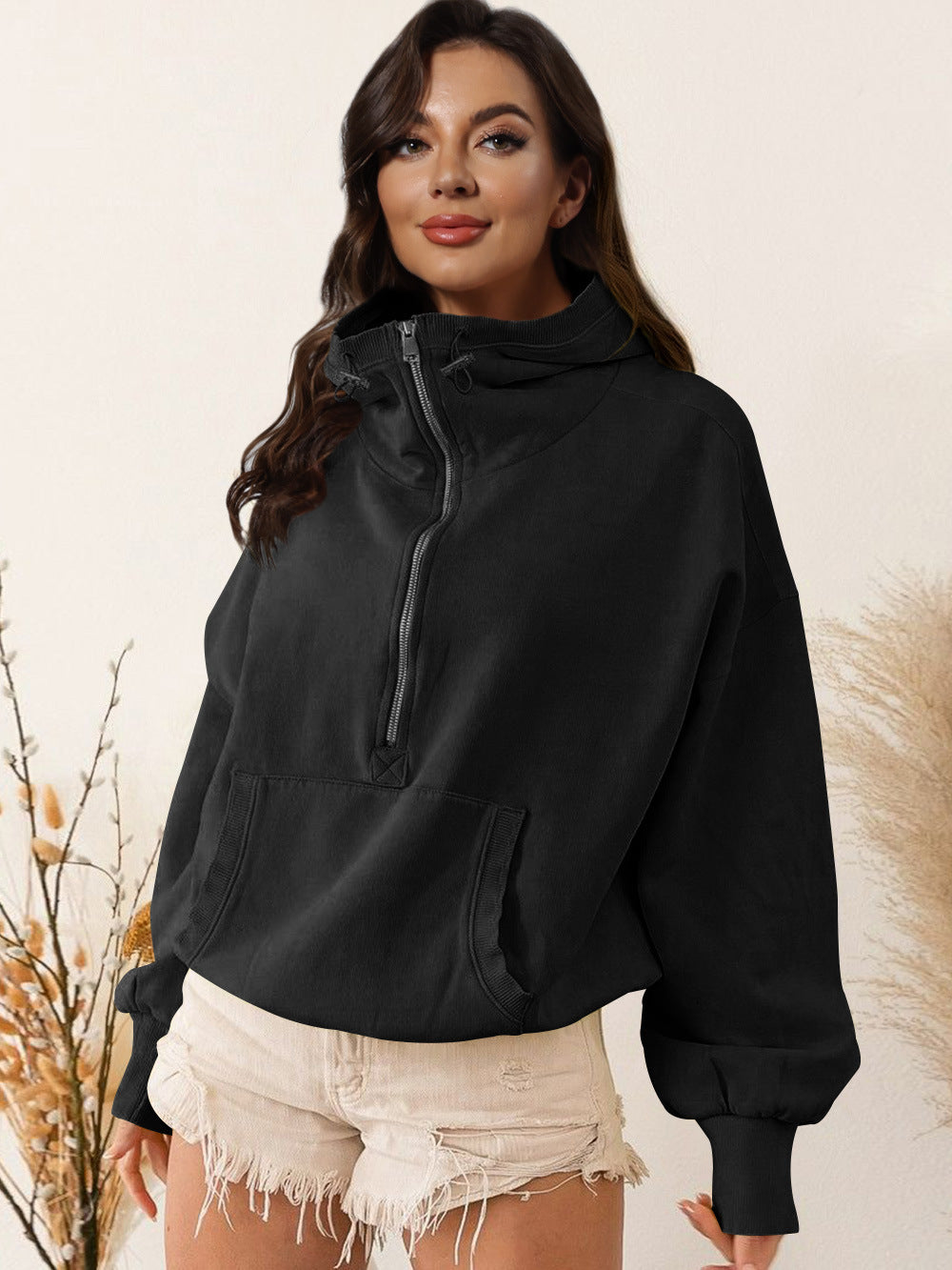 Damen Oversized Sweatshirt mit hohem Kragen und Reißverschluss WW