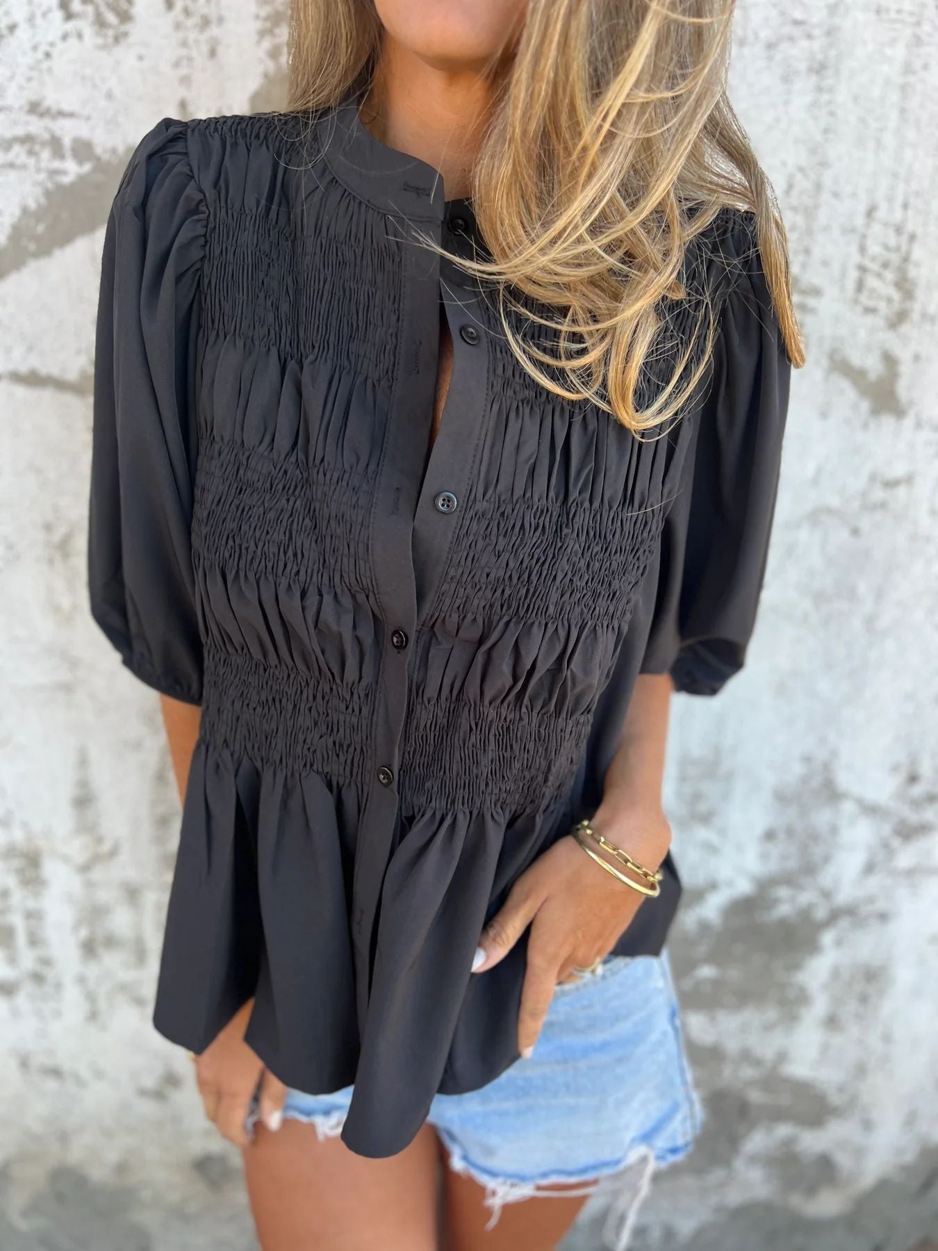 Damen elegante Bluse mit Raffung und durchgehender Knopfleiste WW