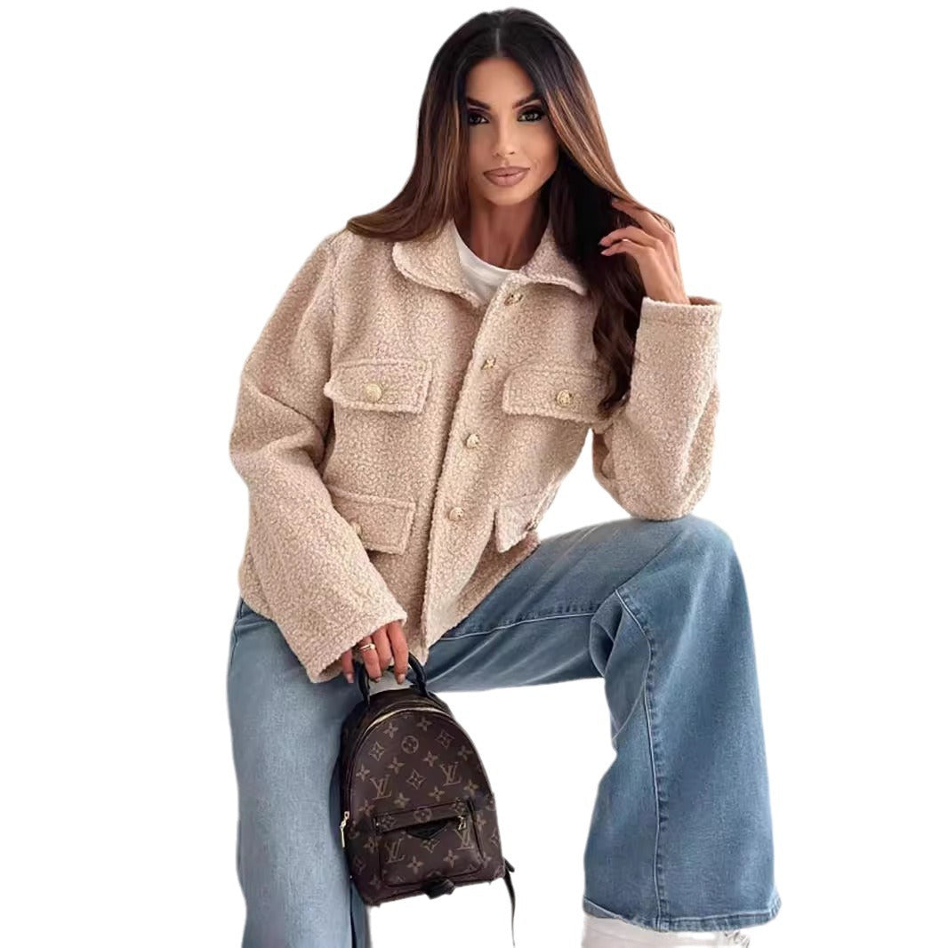 Damen kuschelige Teddyjacke mit modernem Schnitt und großen Taschen WW
